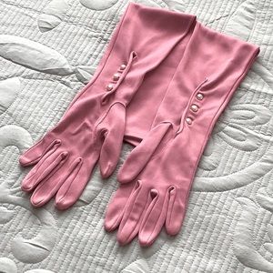 Vintage Long Rose Pink Woven Nylon Evening Gloves with Pearl Wrist Closu…